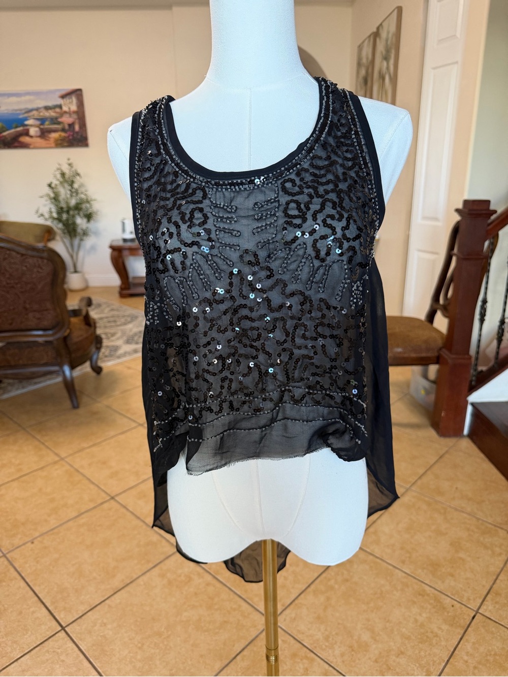 Y2K Verty Black Sequin Overlay high low Tank Top - Women